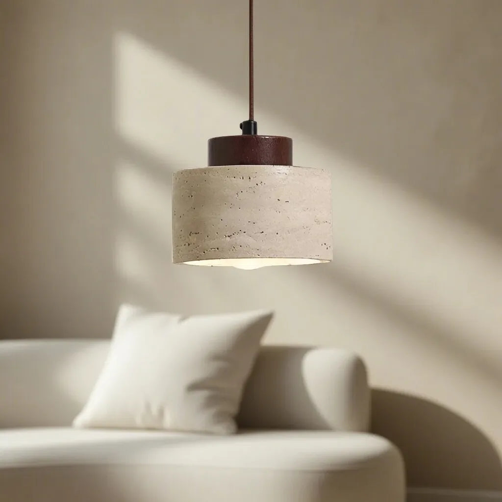 Oliven Minimalist Travertine & Wood Cylinder Pendant Light