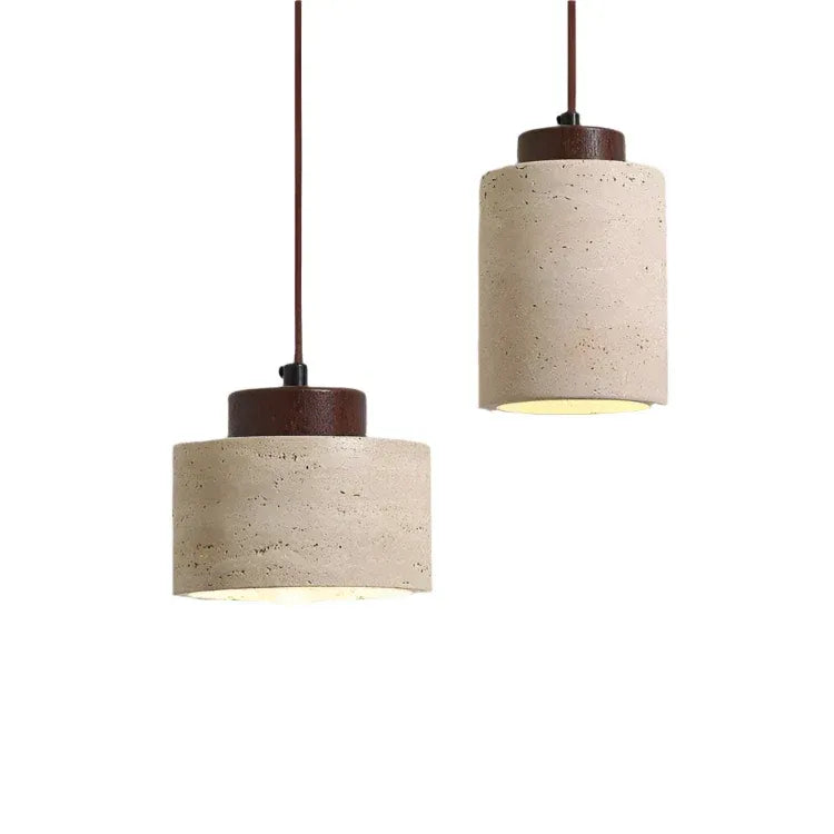 Oliven Minimalist Travertine & Wood Cylinder Pendant Light