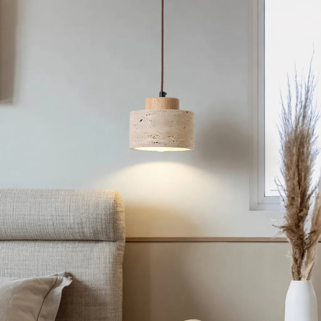Oliven Minimalist Travertine & Wood Cylinder Pendant Light
