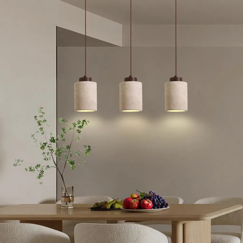 Oliven Minimalist Travertine & Wood Cylinder Pendant Light