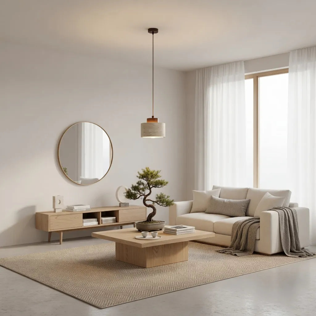 Oliven Minimalist Travertine & Wood Cylinder Pendant Light