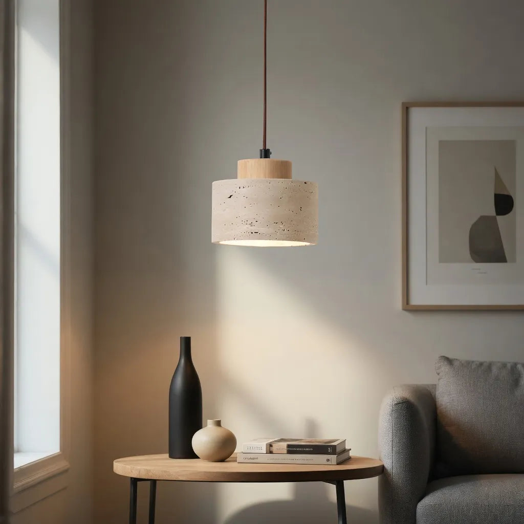 Oliven Minimalist Travertine & Wood Cylinder Pendant Light