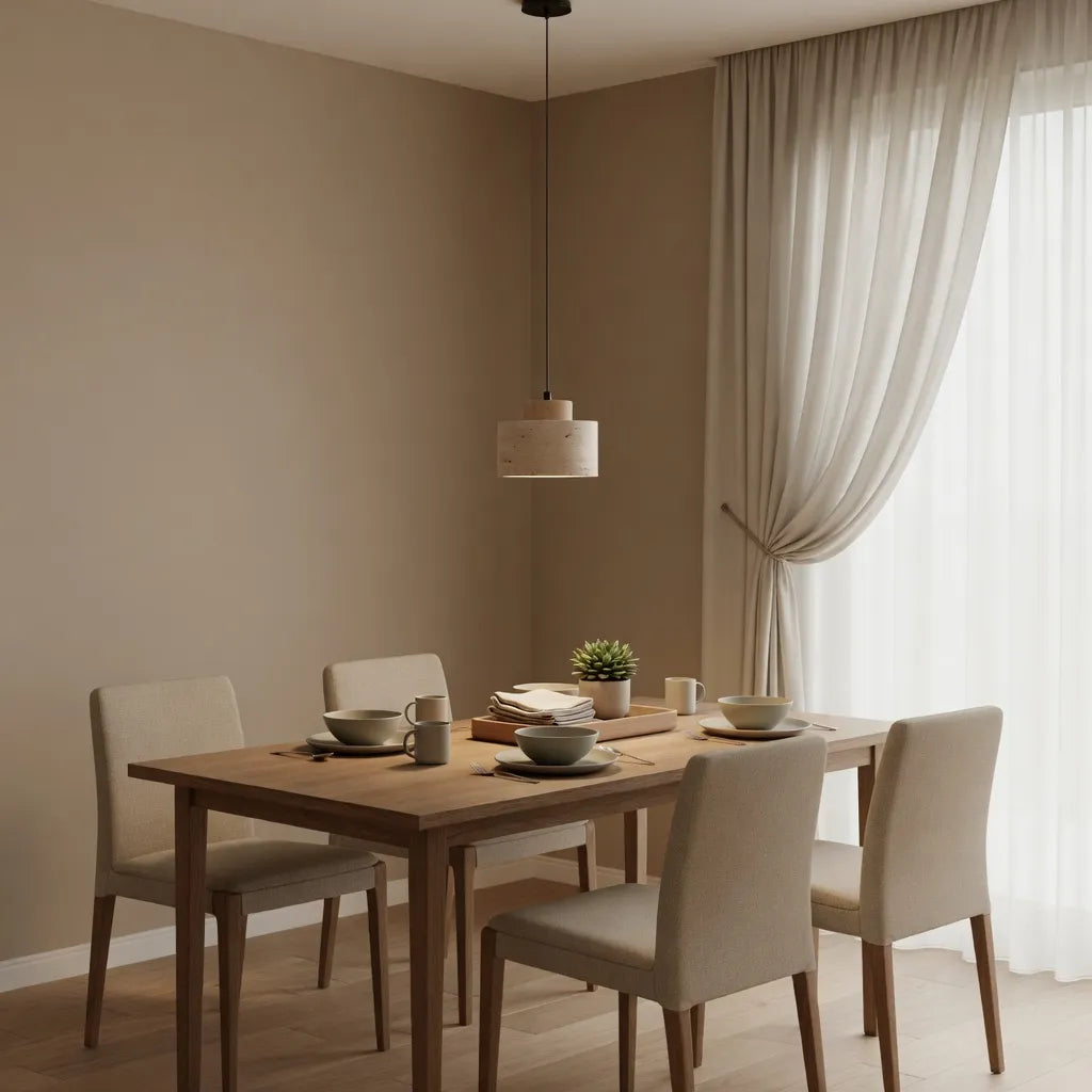 Oliven Minimalist Travertine & Wood Cylinder Pendant Light
