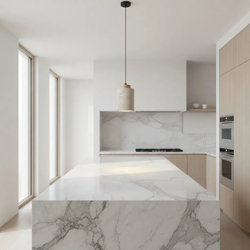 Oliven Minimalist Travertine & Wood Cylinder Pendant Light