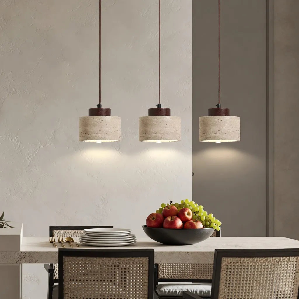 Oliven Minimalist Travertine & Wood Cylinder Pendant Light