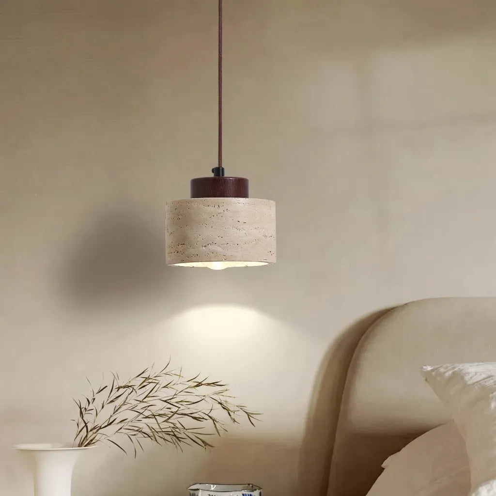 Oliven Minimalist Travertine & Wood Cylinder Pendant Light