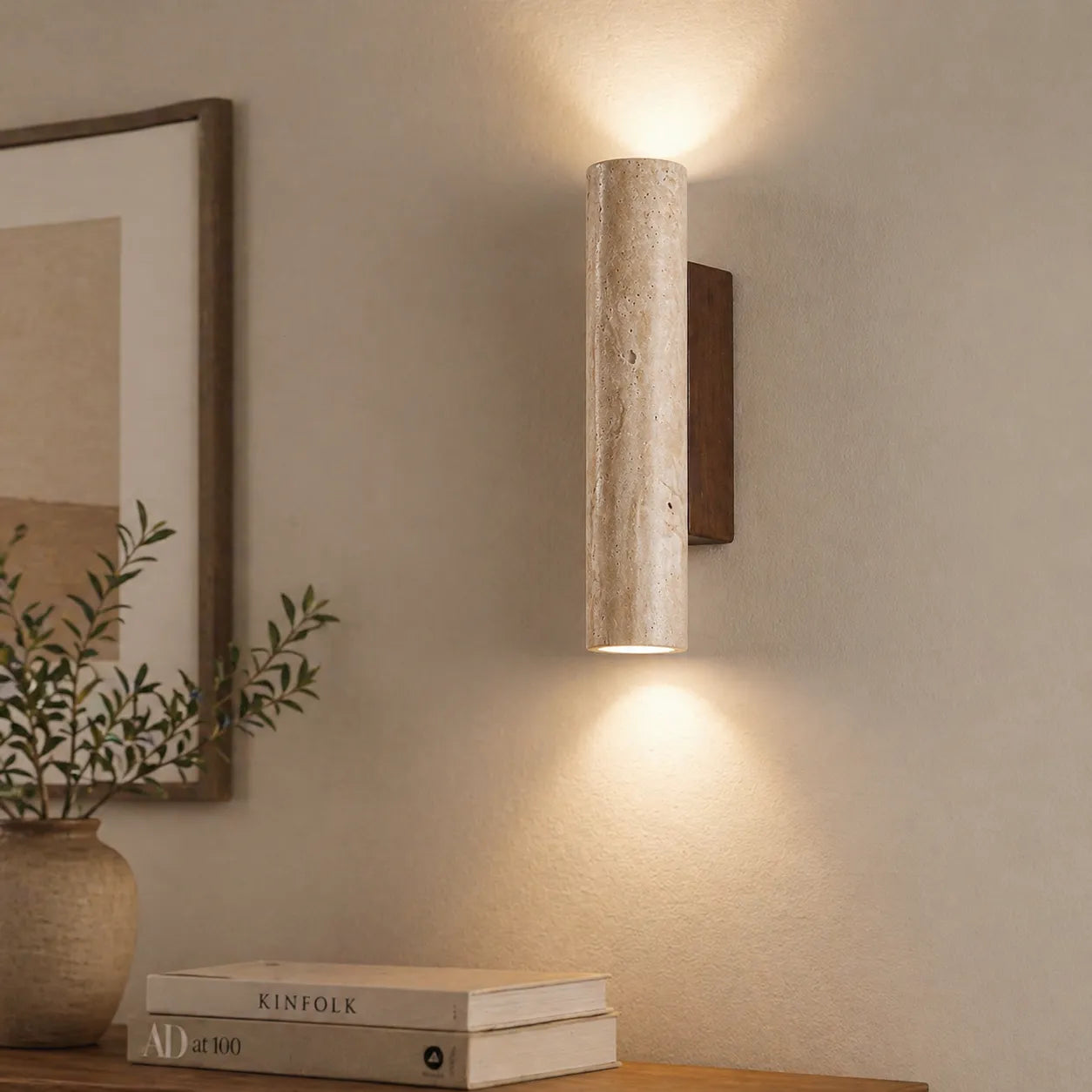 Travertine Cylinder Wall Light with Clean Profile