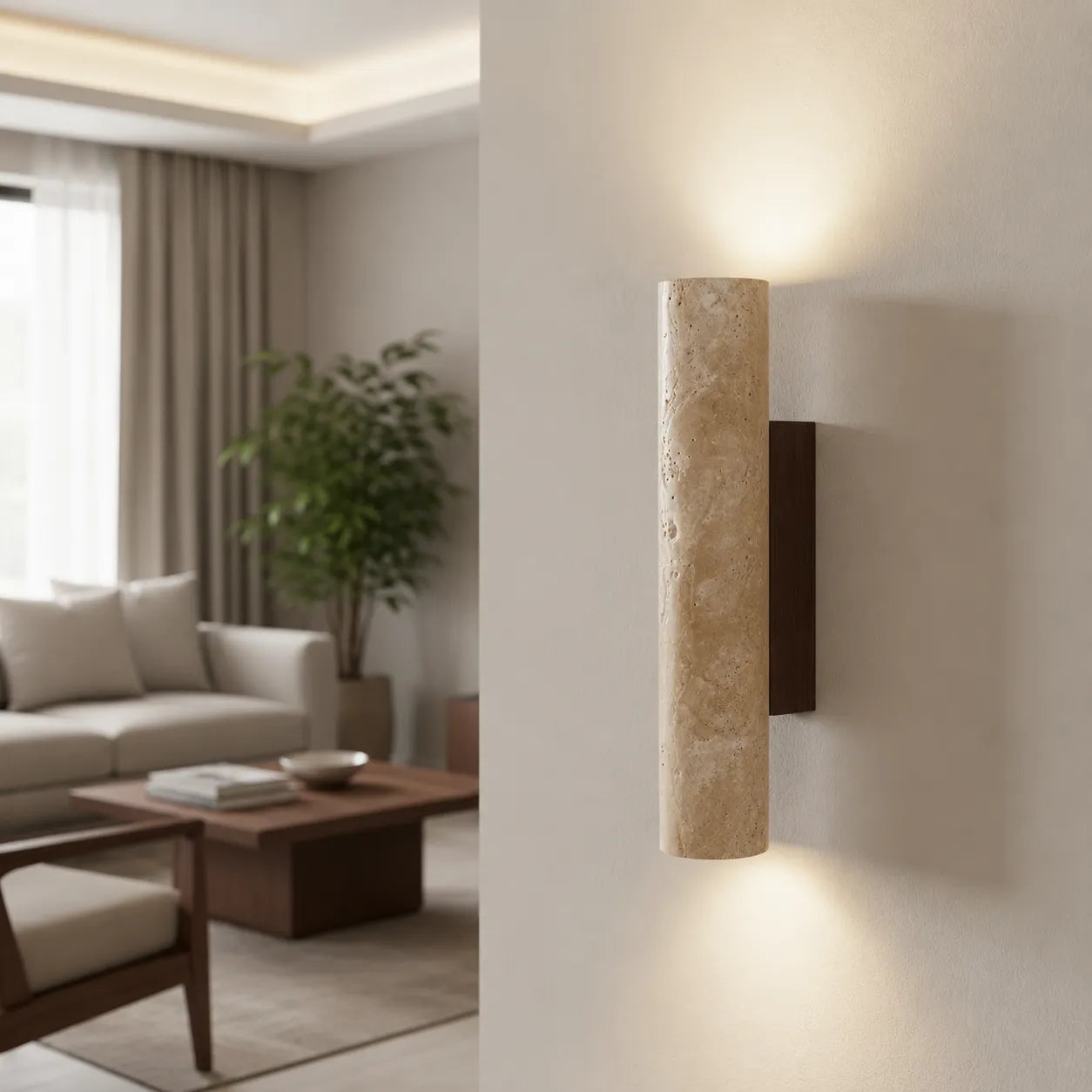 Travertine Cylinder Wall Light with Clean Profile