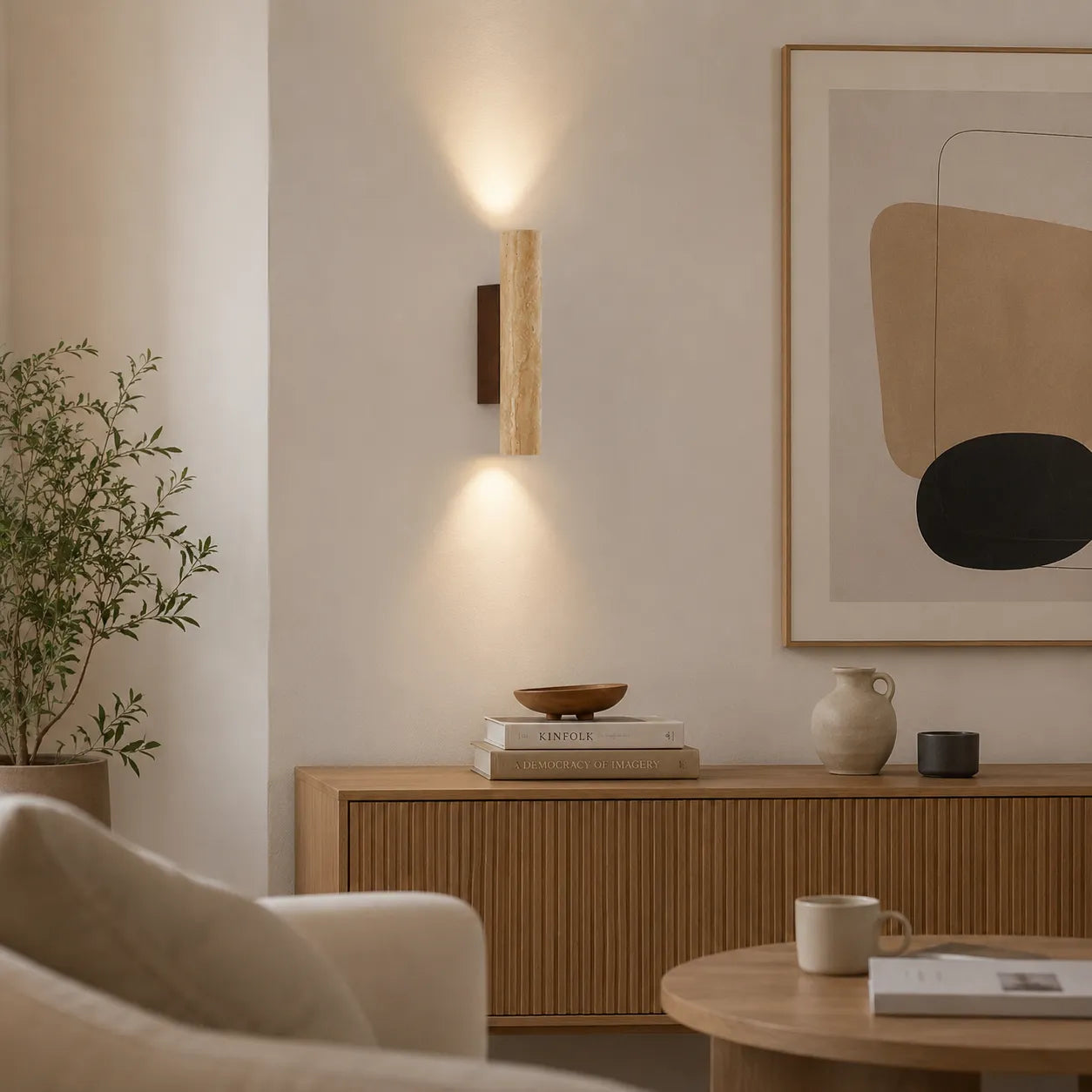 Travertine Cylinder Wall Light with Clean Profile