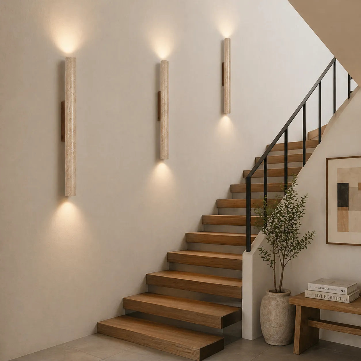 Travertine Cylinder Wall Light with Clean Profile