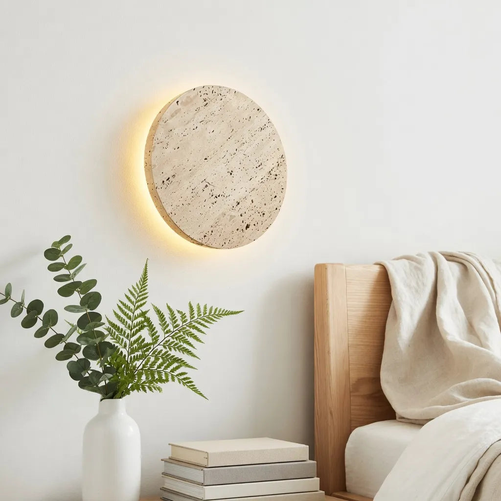 Colette Minimalist Travertine Disc Backlit Wall Light