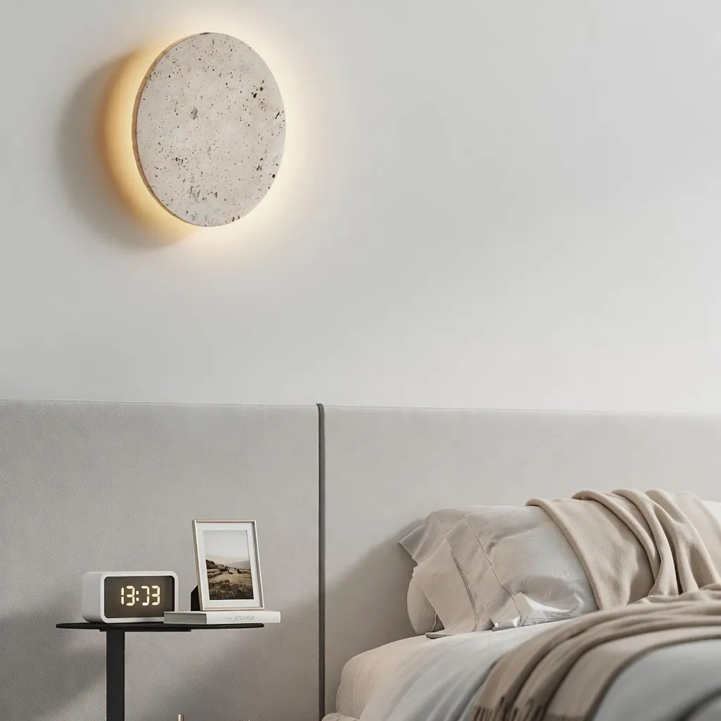 Colette Minimalist Travertine Disc Backlit Wall Light
