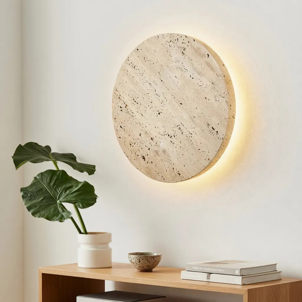 Colette Minimalist Travertine Disc Backlit Wall Light