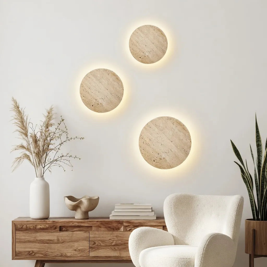 Colette Minimalist Travertine Disc Backlit Wall Light