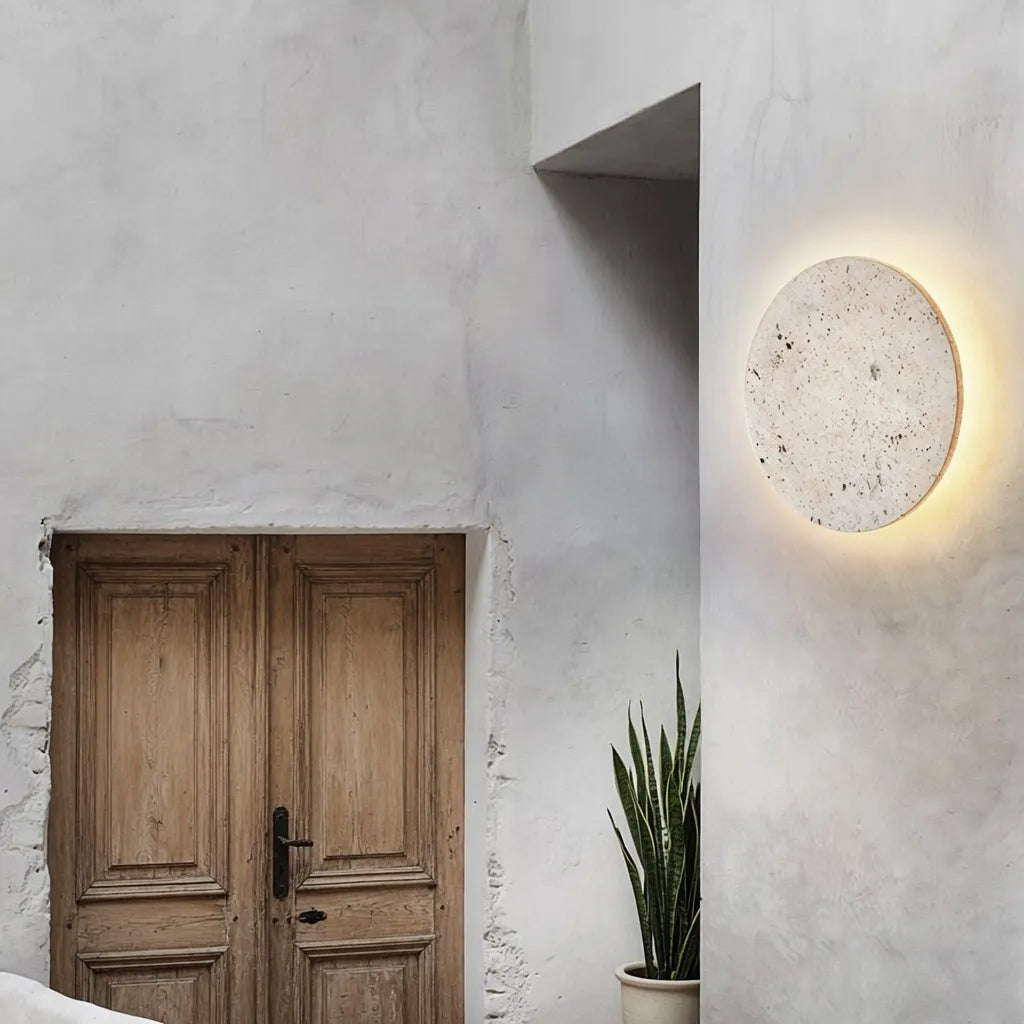 Colette Minimalist Travertine Disc Backlit Wall Light