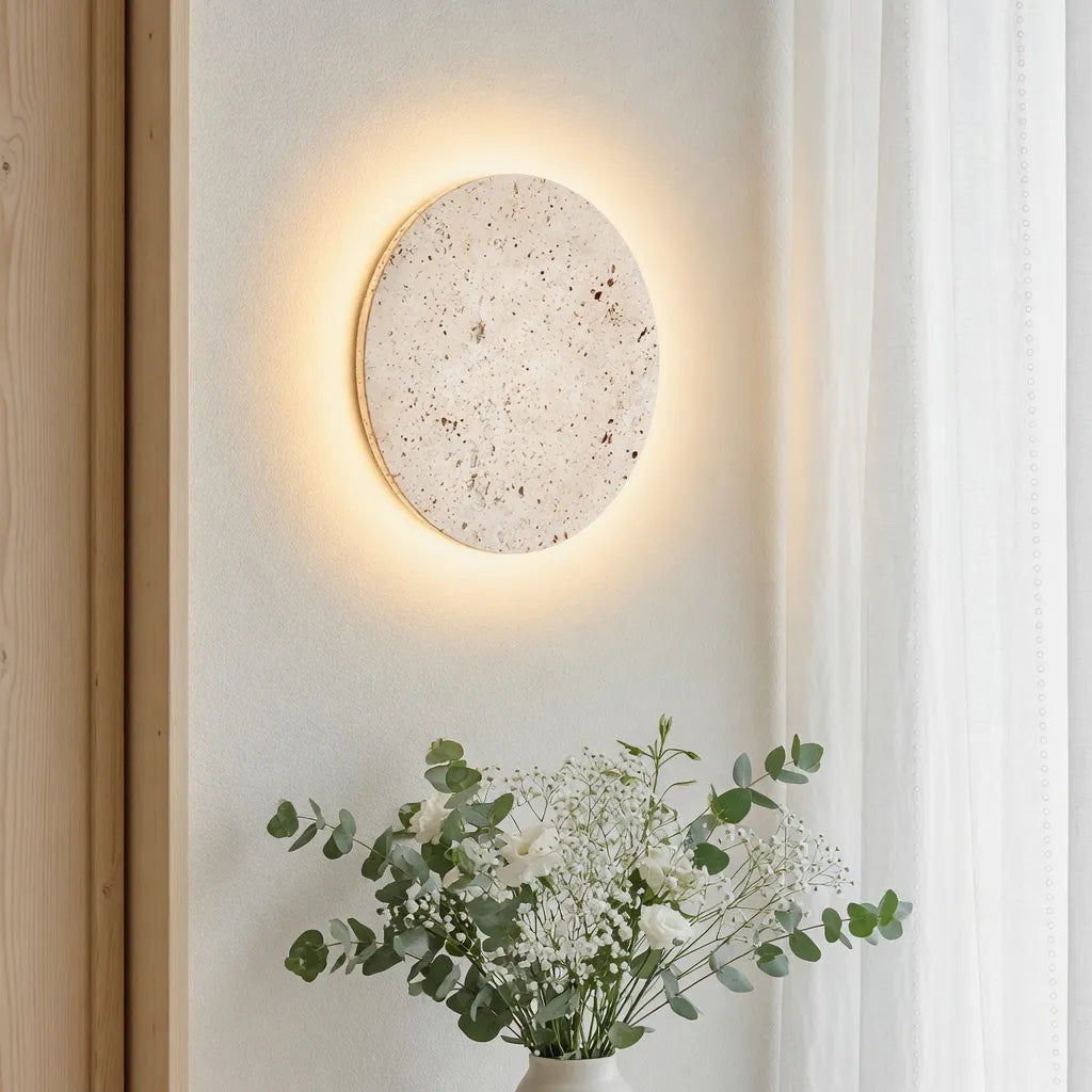 Colette Minimalist Travertine Disc Backlit Wall Light