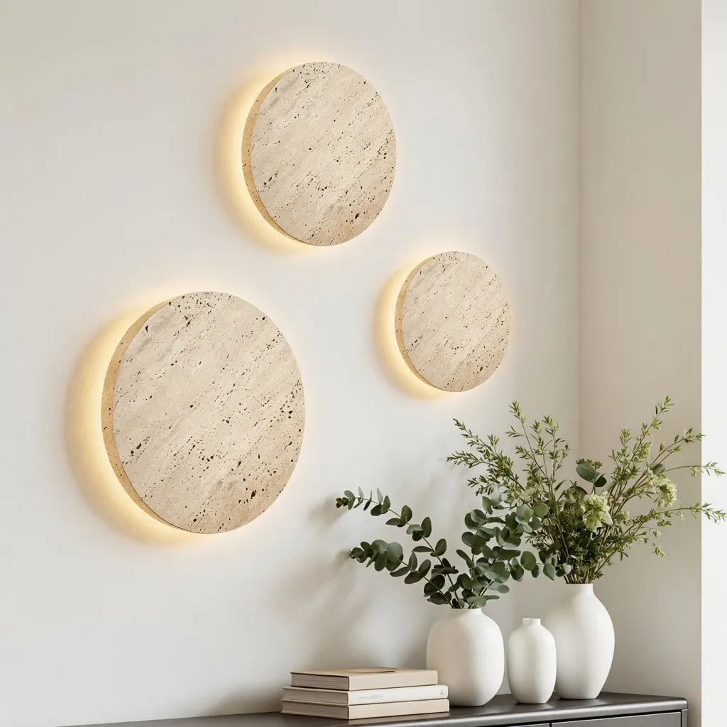 Colette Minimalist Travertine Disc Backlit Wall Light
