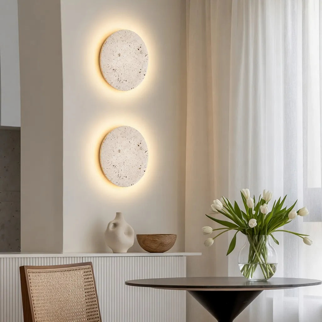 Colette Minimalist Travertine Disc Backlit Wall Light