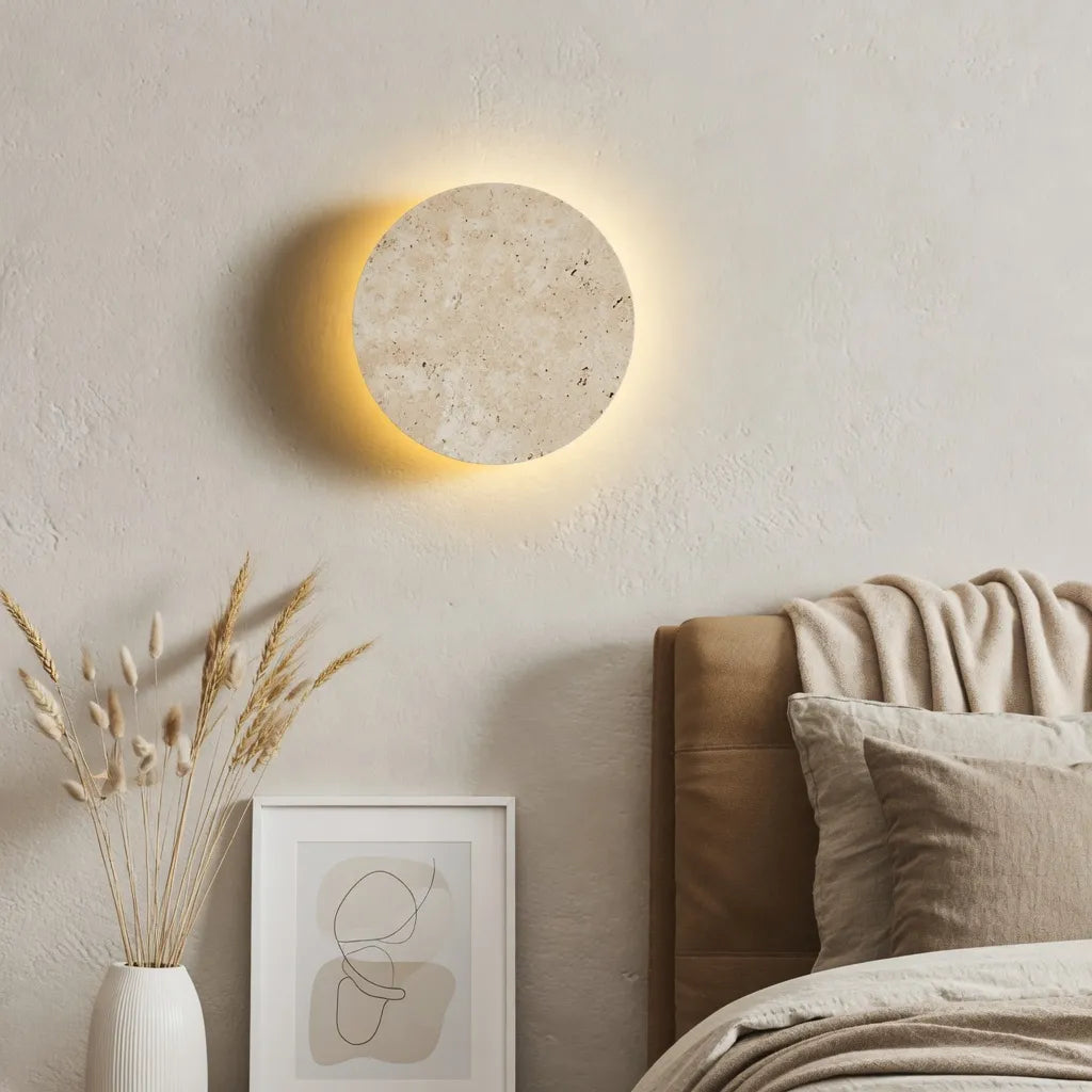 Colette Minimalist Travertine Disc Backlit Wall Light