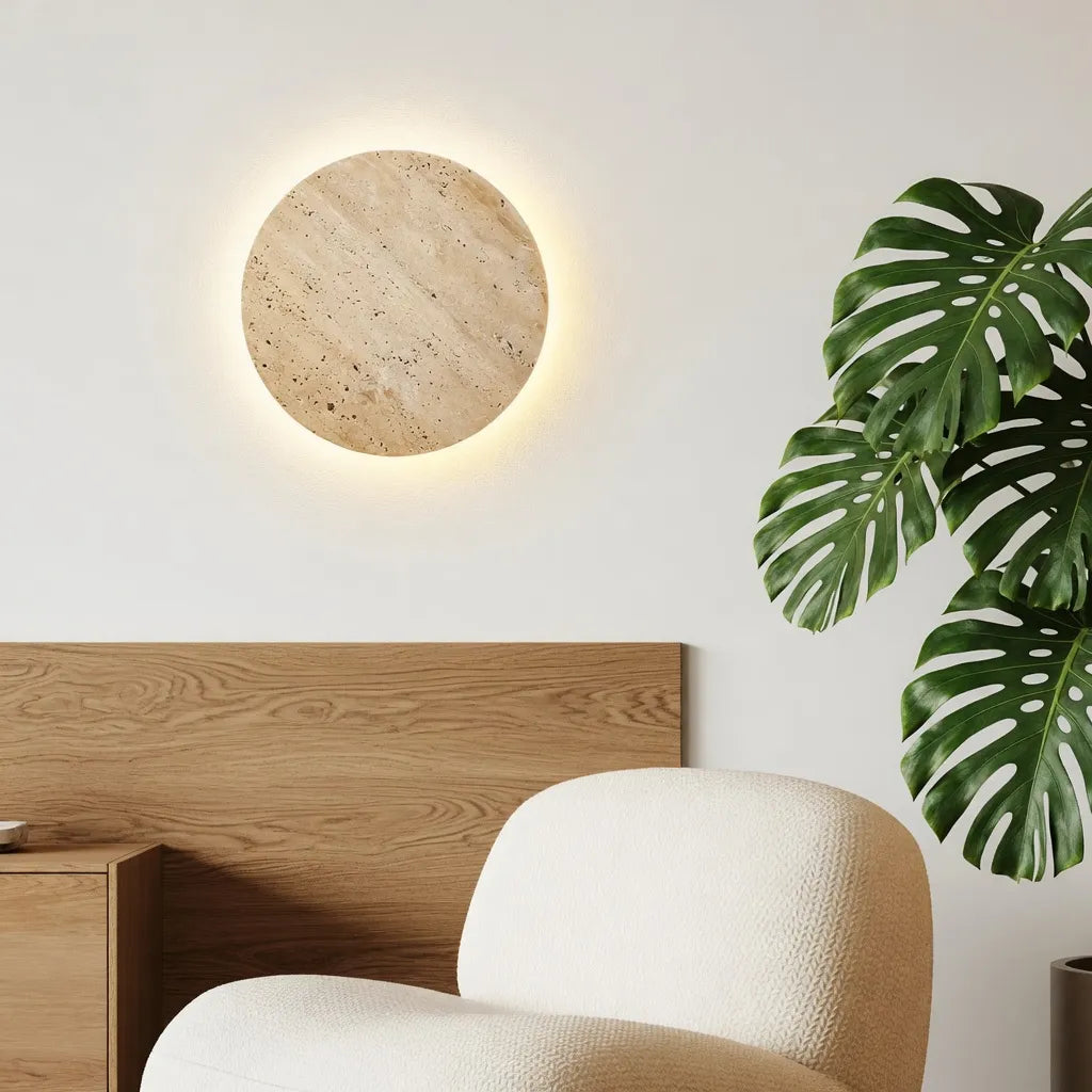 Colette Minimalist Travertine Disc Backlit Wall Light