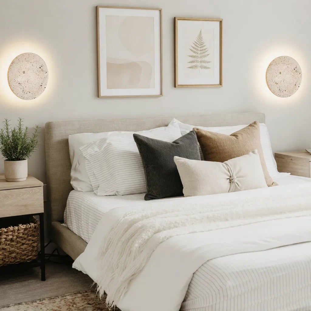 Colette Minimalist Travertine Disc Backlit Wall Light