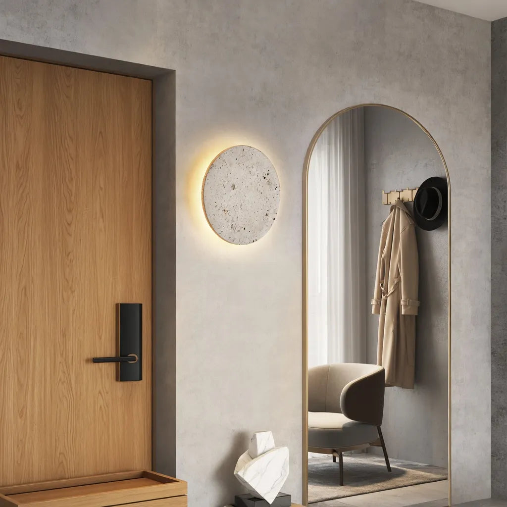 Colette Minimalist Travertine Disc Backlit Wall Light