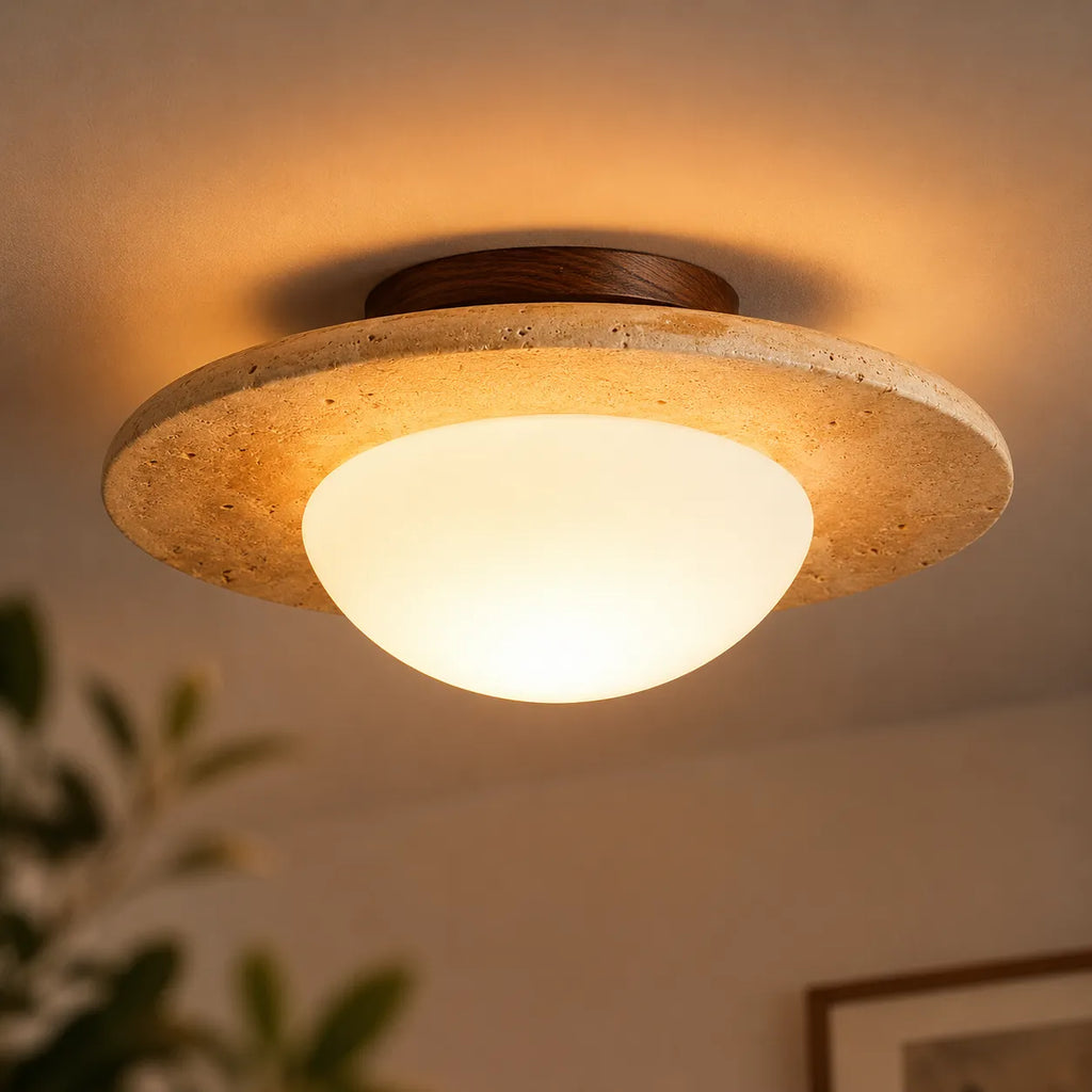 Lumen Wabi-Sabi Travertine & Glass Ceiling Light