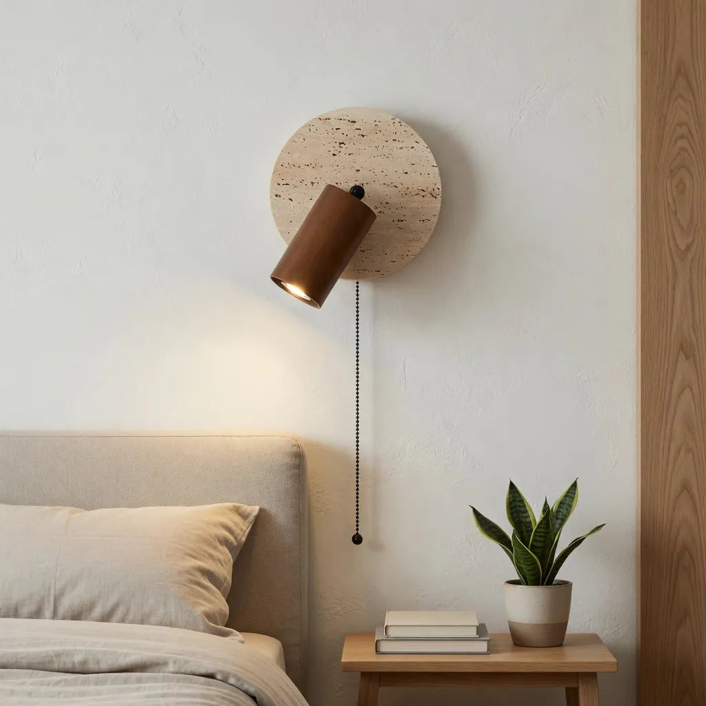 Nori Minimalist Travertine & Wood Adjustable Wall Light