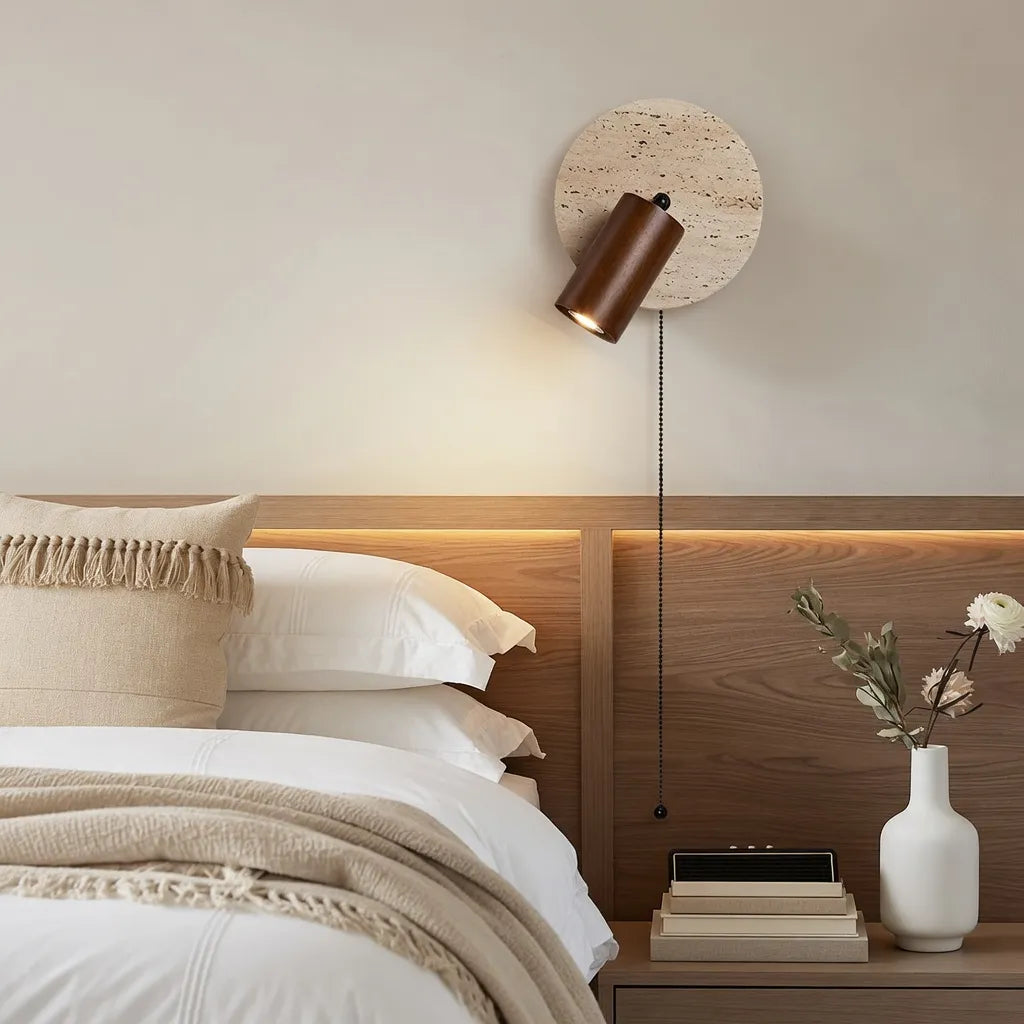 Nori Minimalist Travertine & Wood Adjustable Wall Light