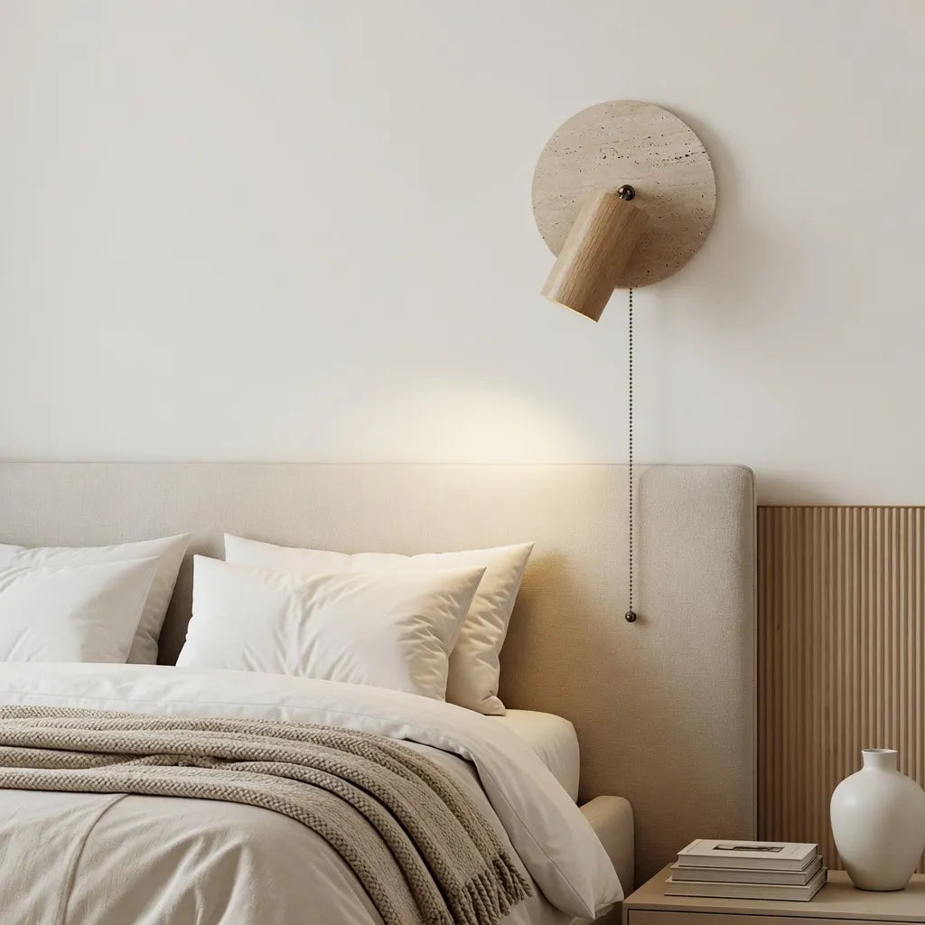 Nori Minimalist Travertine & Wood Adjustable Wall Light