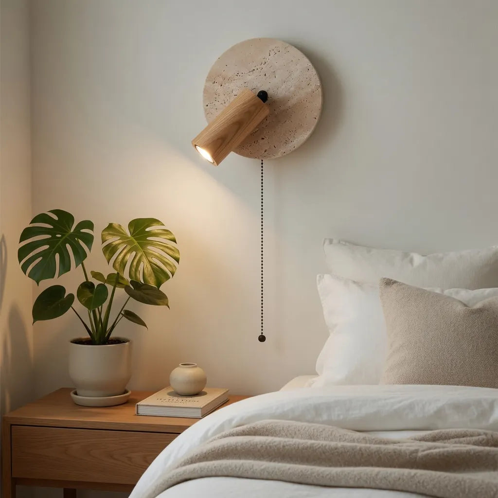 Nori Minimalist Travertine & Wood Adjustable Wall Light