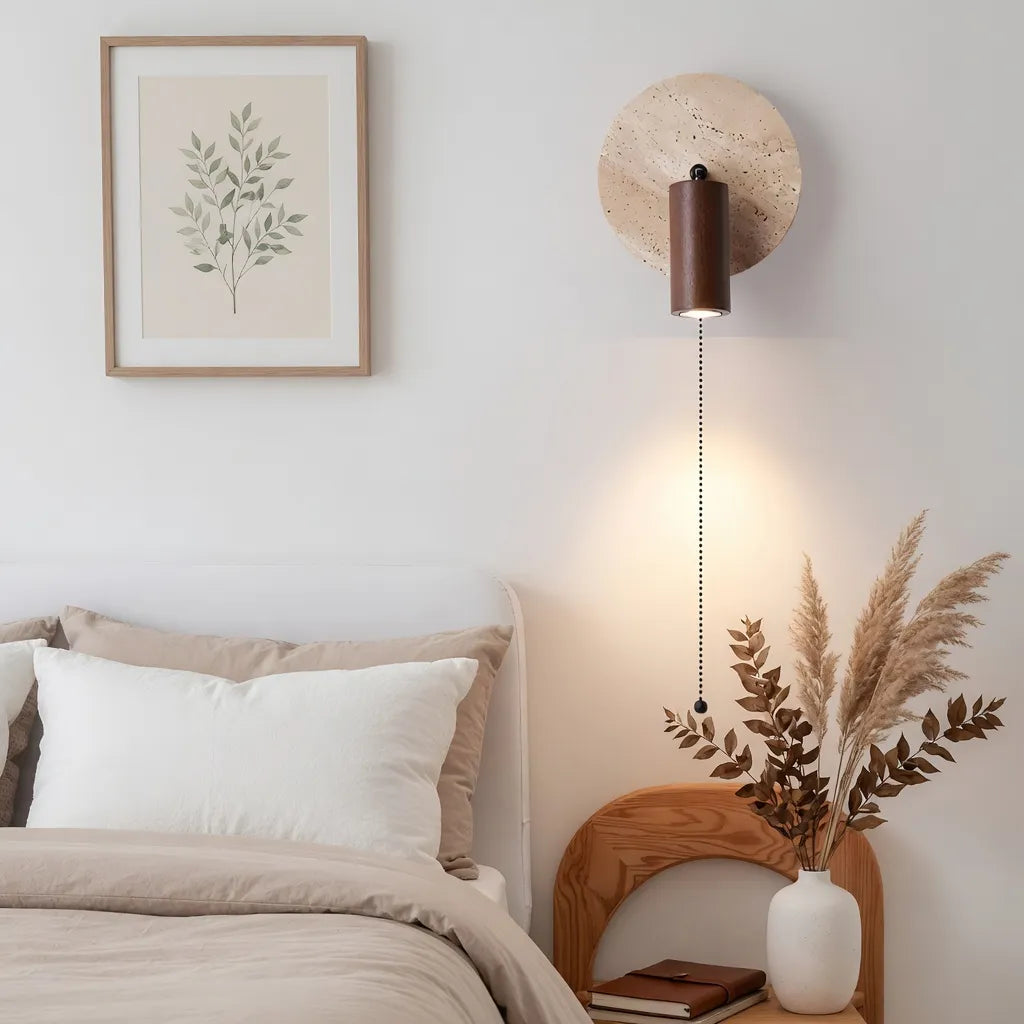 Nori Minimalist Travertine & Wood Adjustable Wall Light