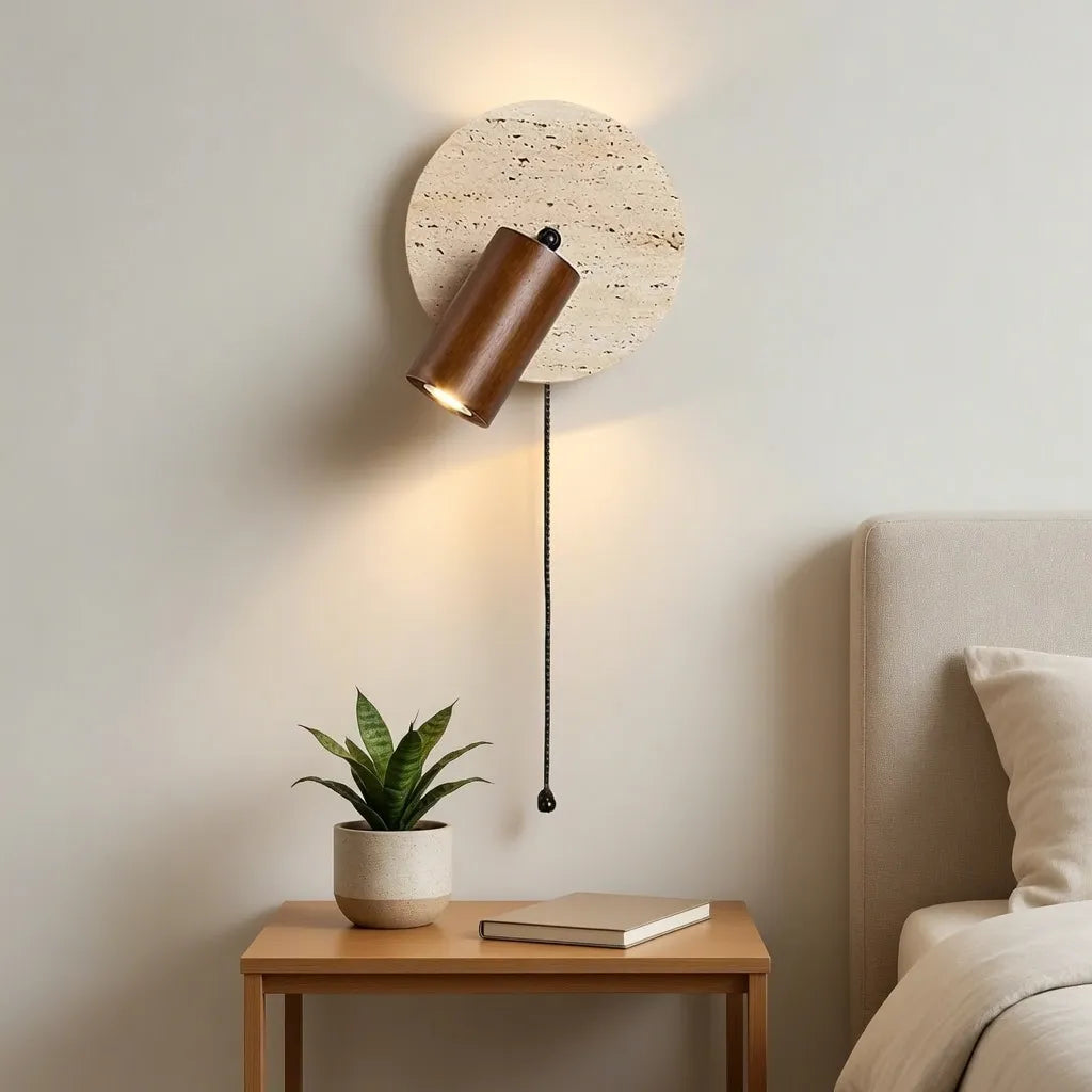 Nori Minimalist Travertine & Wood Adjustable Wall Light
