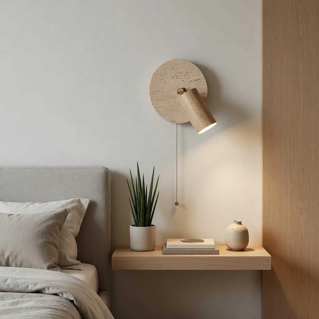Nori Minimalist Travertine & Wood Adjustable Wall Light