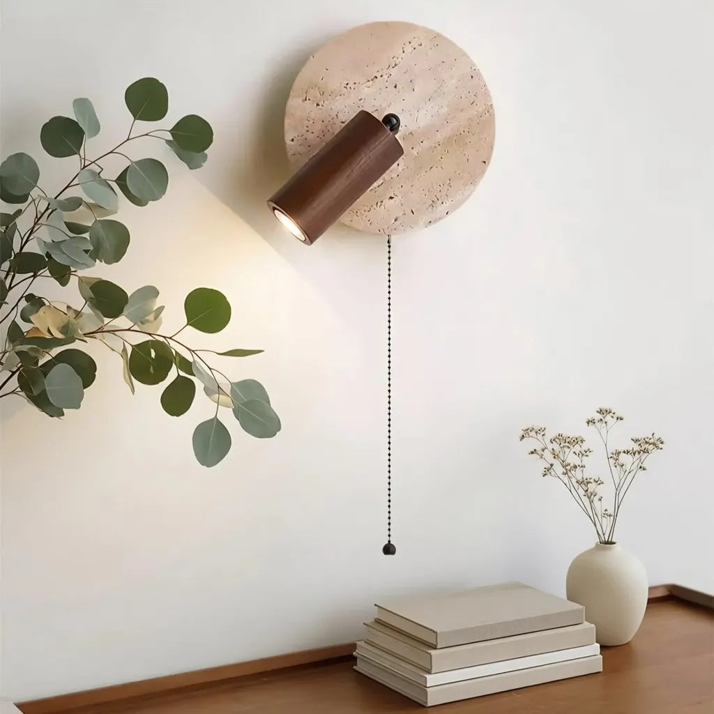 Nori Minimalist Travertine & Wood Adjustable Wall Light
