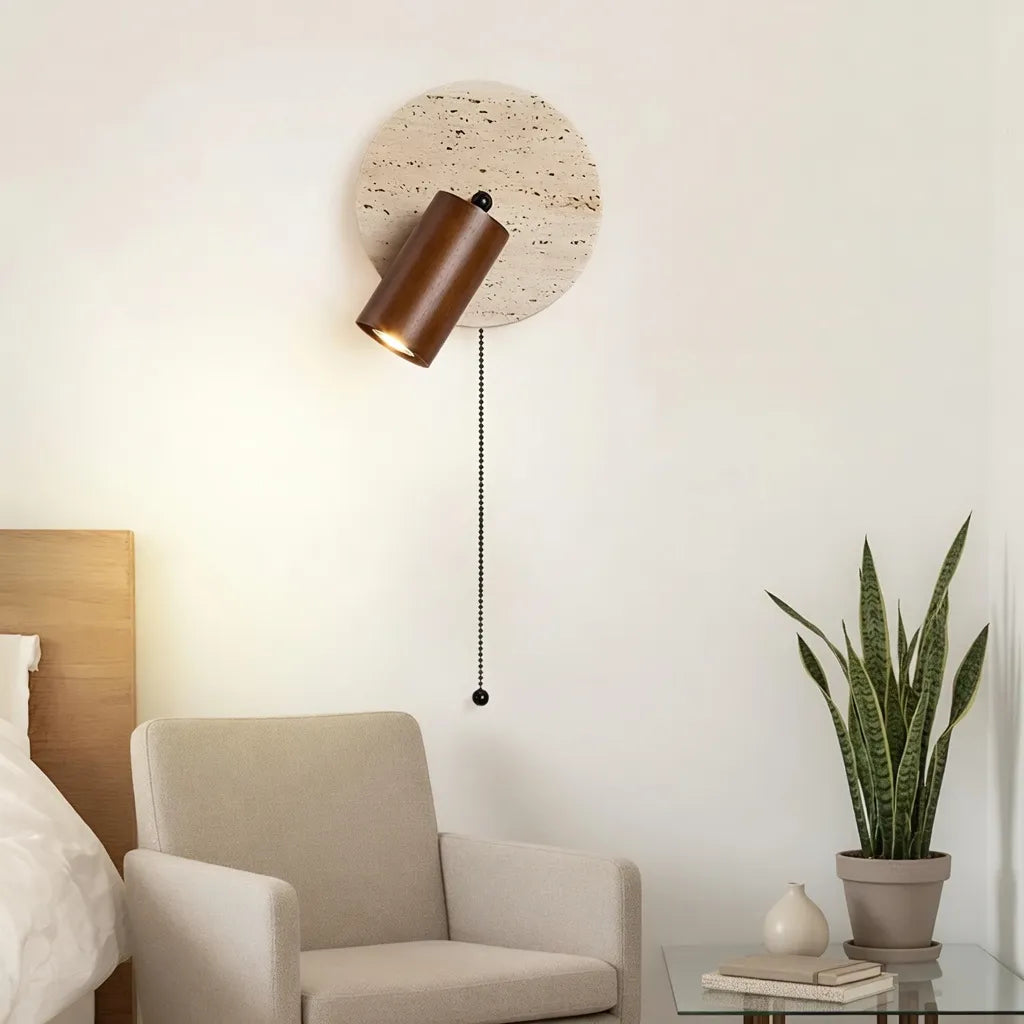 Nori Minimalist Travertine & Wood Adjustable Wall Light