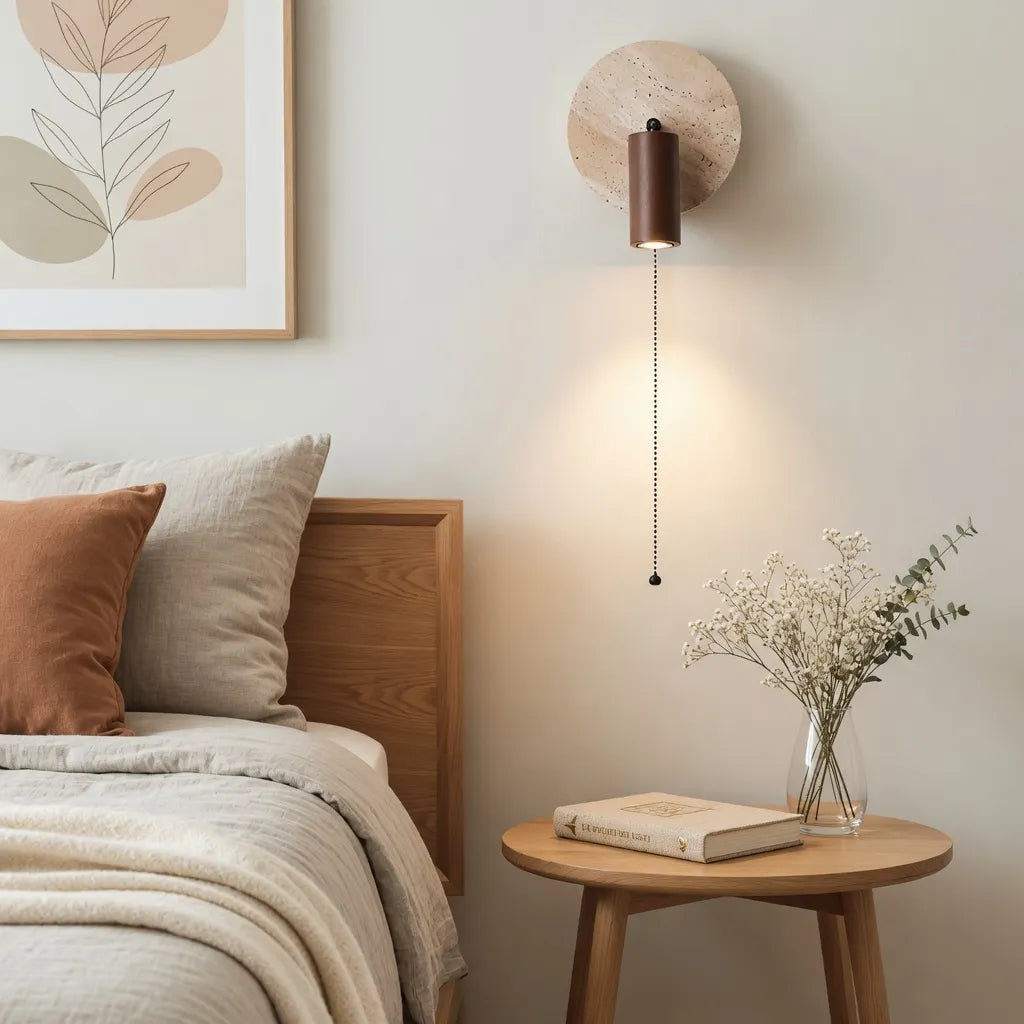 Nori Minimalist Travertine & Wood Adjustable Wall Light