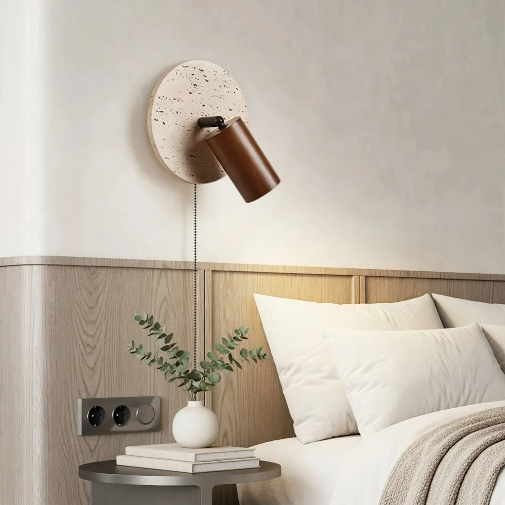 Nori Minimalist Travertine & Wood Adjustable Wall Light