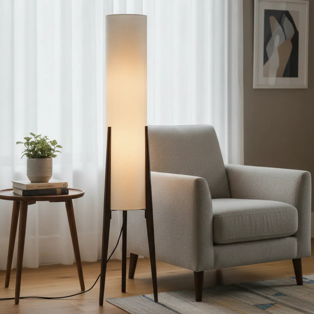 Heloise Modern Walnut Wood & Fabric Tripod Floor Lamp