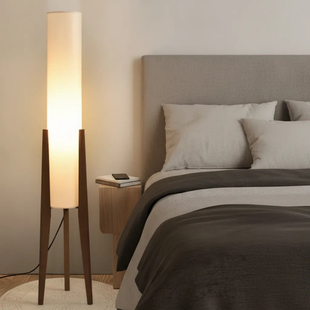 Heloise Modern Walnut Wood & Fabric Tripod Floor Lamp