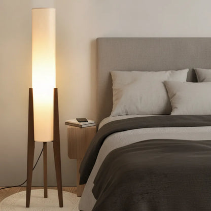 Tripod Walnut Wood Fabric Floor Lamp