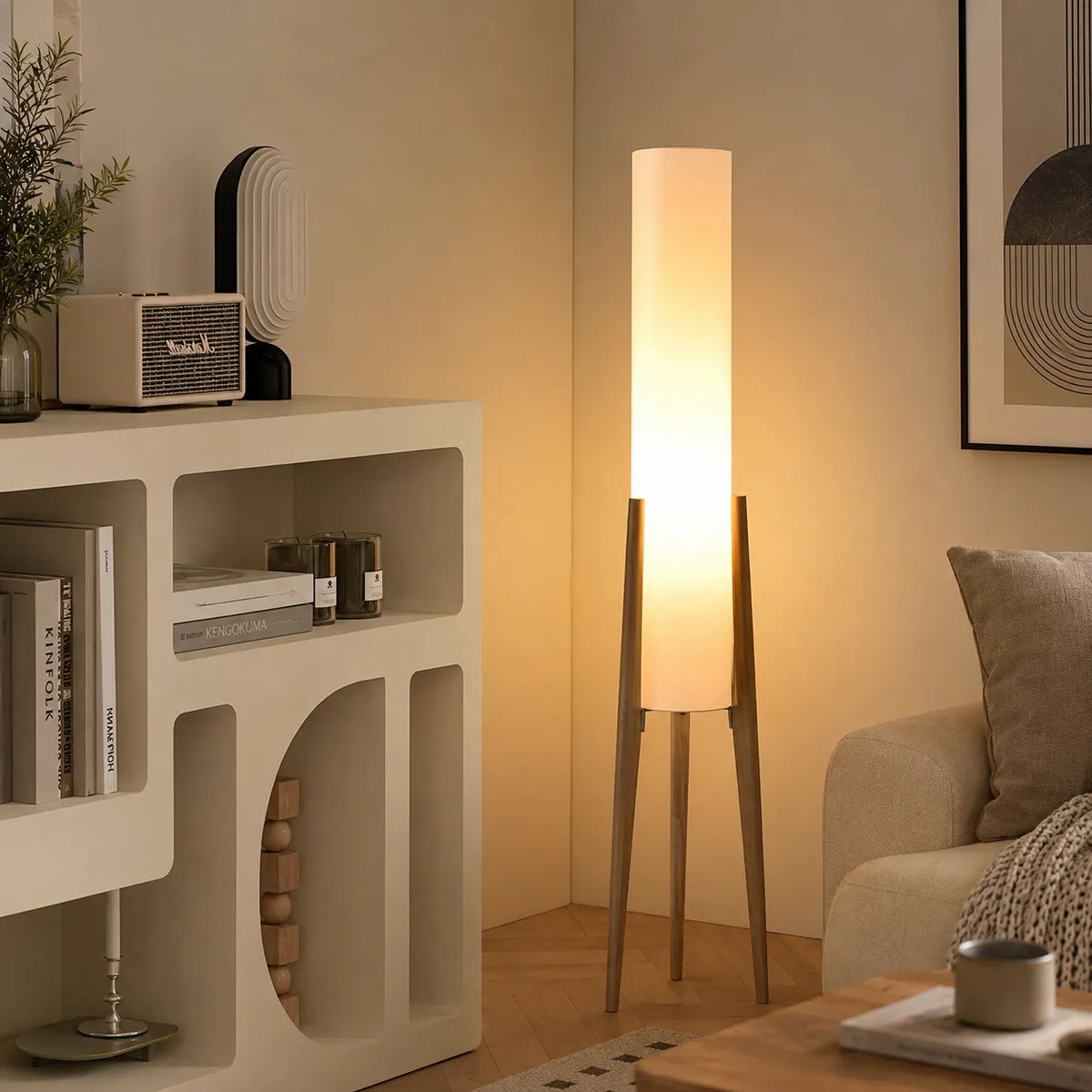 Heloise Modern Walnut Wood & Fabric Tripod Floor Lamp