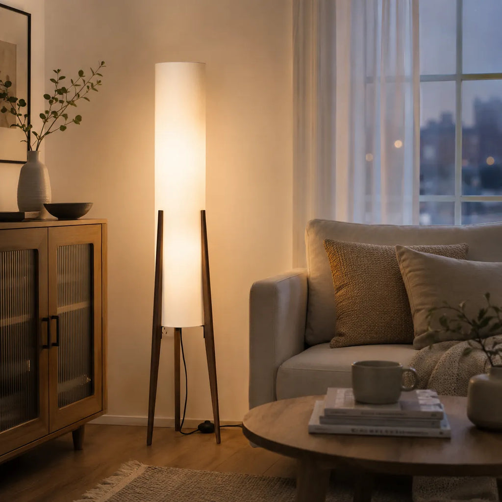 Heloise Modern Walnut Wood & Fabric Tripod Floor Lamp