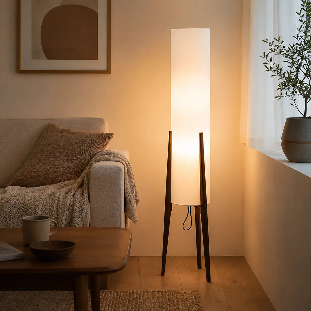 Heloise Modern Walnut Wood & Fabric Tripod Floor Lamp