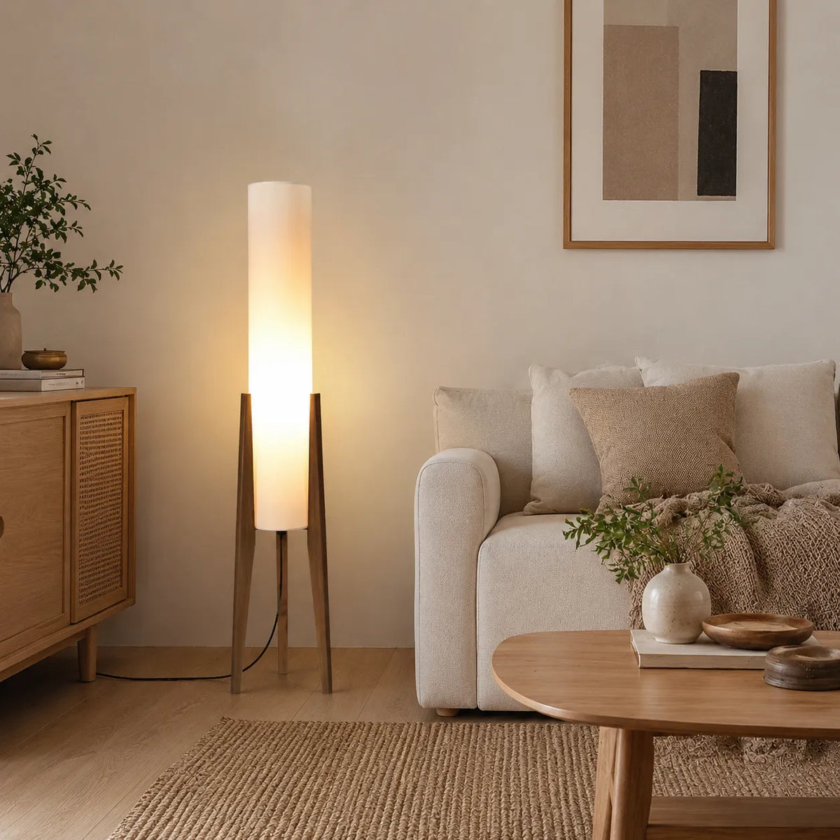 Heloise Modern Walnut Wood & Fabric Tripod Floor Lamp