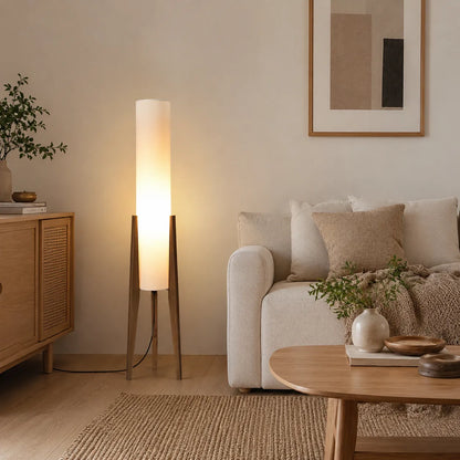Tripod Walnut Wood Fabric Floor Lamp