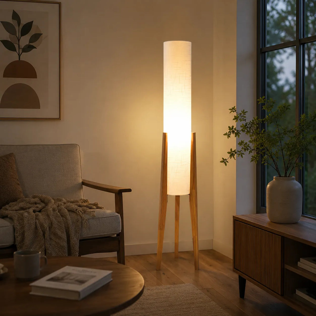 Heloise Modern Walnut Wood & Fabric Tripod Floor Lamp