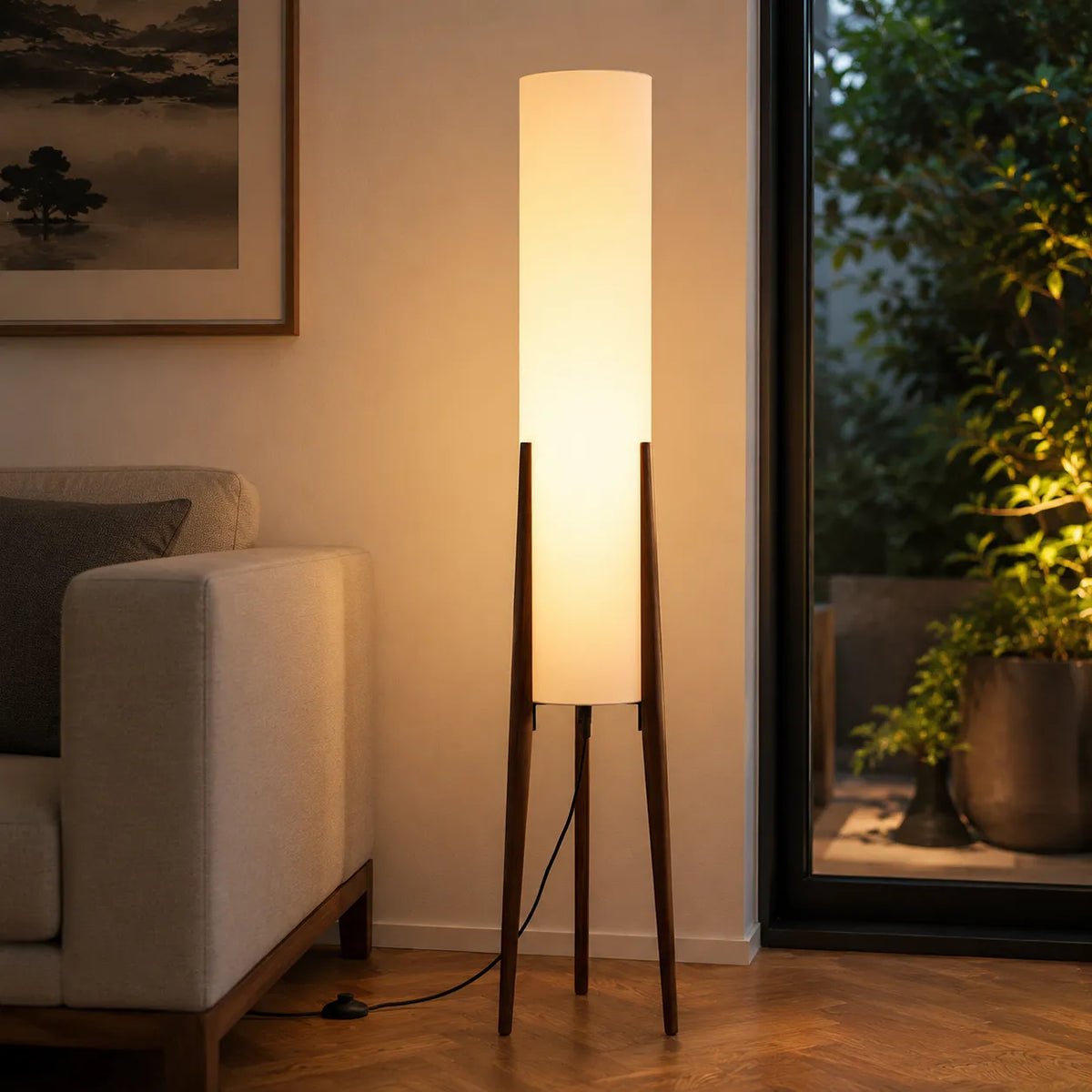 Heloise Modern Walnut Wood & Fabric Tripod Floor Lamp