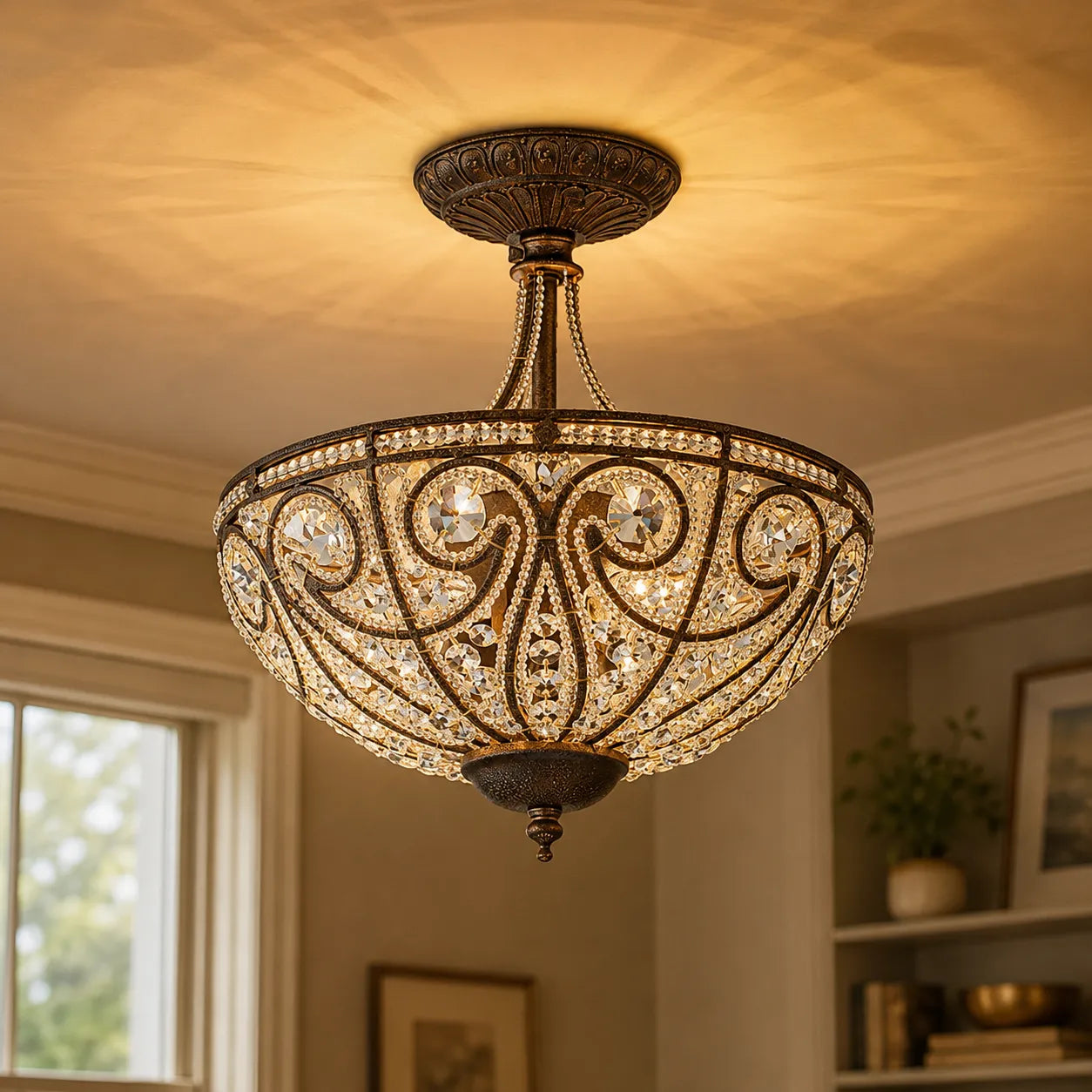 Vintage 3-Light Crystal Bowl Semi Flush Ceiling Fixture