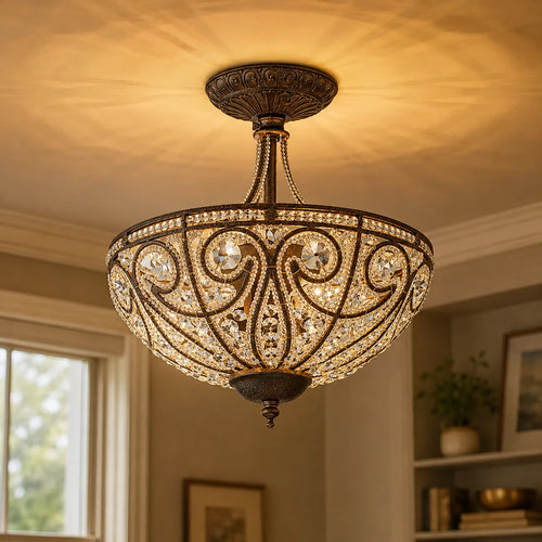 Vintage 3-Light Crystal Bowl Semi Flush Ceiling Fixture